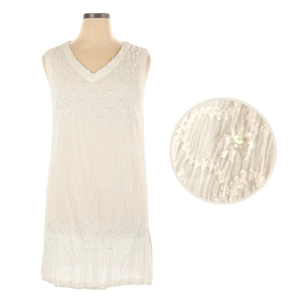Soho Boho White Embroidered Floral Beaded Gauzy Tunic Top Size XL NWT